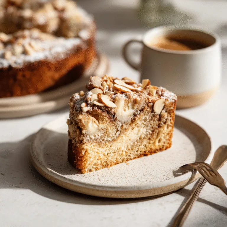 Vegan Almond Coffee Cake with Cream Cheese Swirl