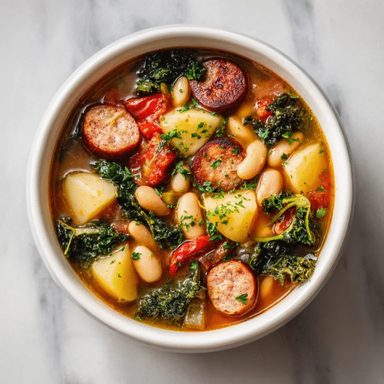 Hearty Sausage Soup with Potatoes, Beans, and Kale