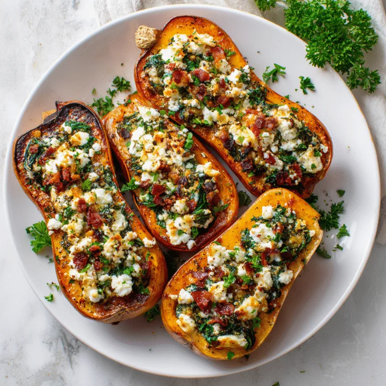 Stuffed Butternut Squash Filled with Feta, Spinach, and Bacon