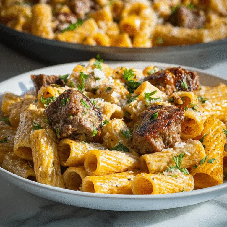 Cajun Steak Tips in Cheesy Rigatoni Parmesan Sauce — A Bold, Creamy, Irresistible Steak Pasta