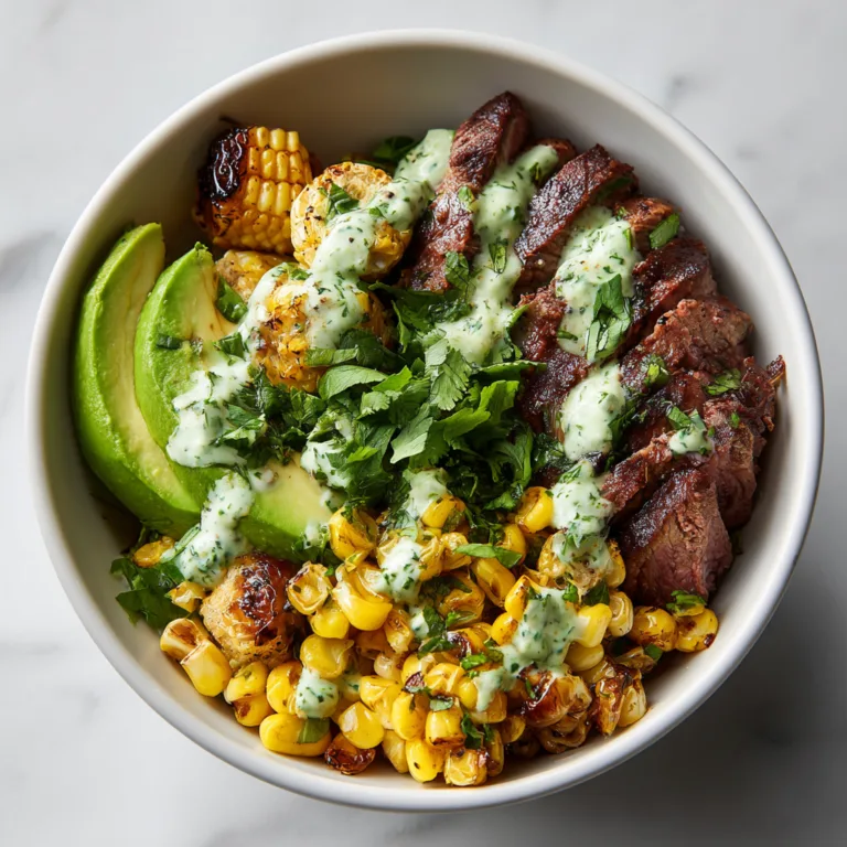 Steak Avocado Roasted Corn Bowl with Cilantro Cream Sauce