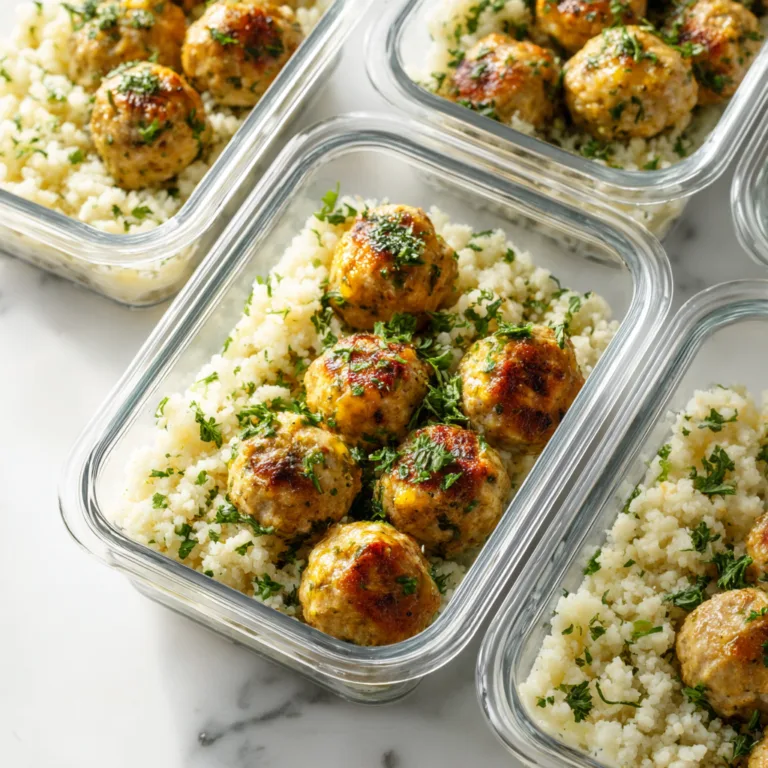 Meal Prep Garlic Butter Chicken Meatballs with Cauliflower Rice