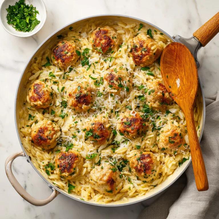 Easy One-Skillet Chicken Meatballs with Creamy Orzo
