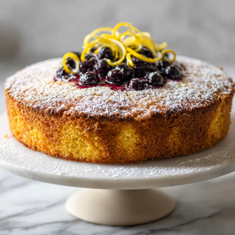 Zesty Lemon Polenta Cake with Warm Blueberry Compote: Bright citrus flavor meets rustic comfort