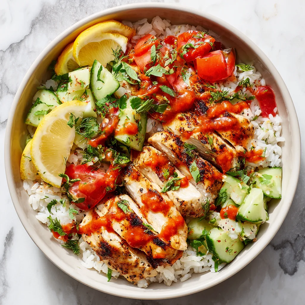Chicken Bowls with Tomato Cucumber Salad and Calabrian Chile Sauce: Fresh, Zesty, and Flavor-Packed Comfort in a Bowl