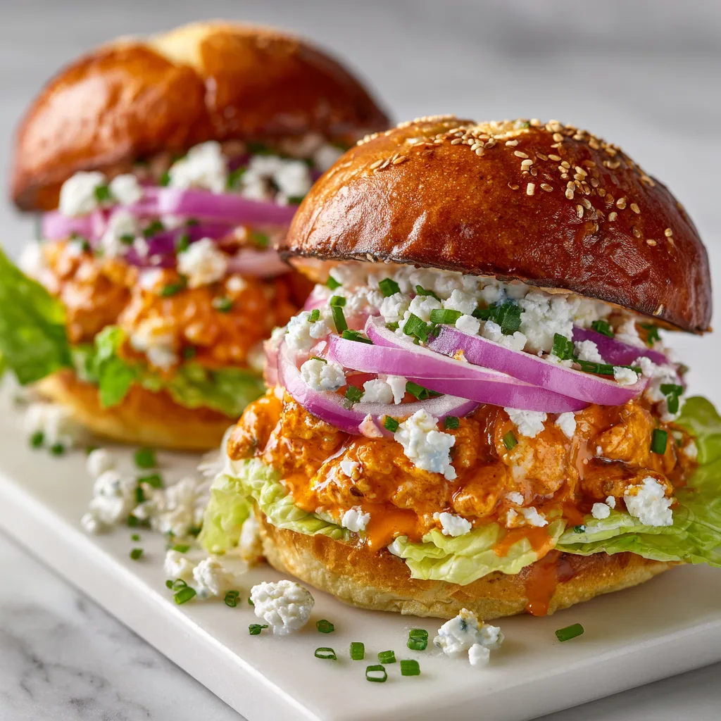 Buffalo Chicken Burgers with Whipped Feta: Spicy, Creamy, and Irresistibly Juicy
