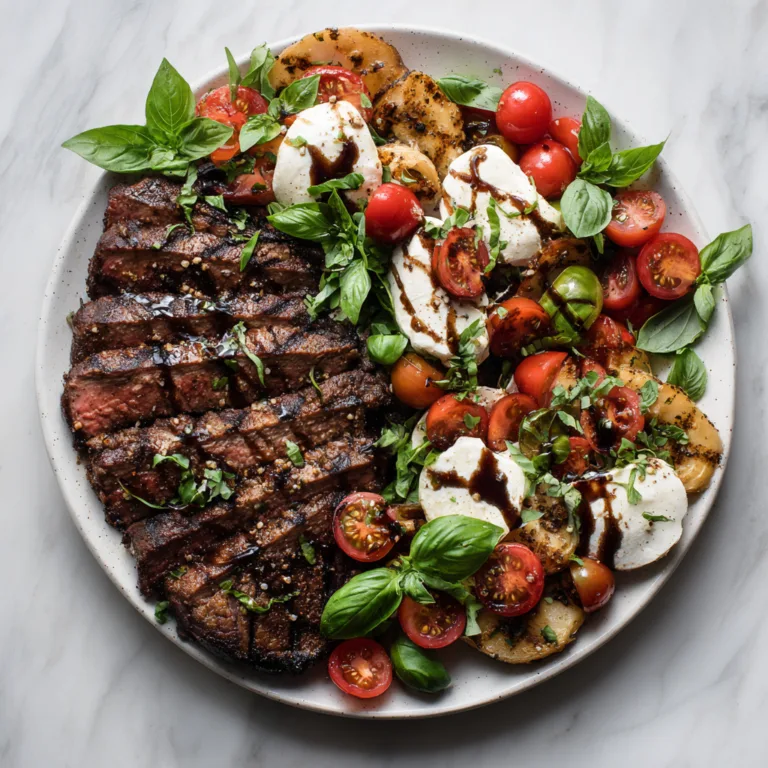 Recipe Name: Grilled Caprese Steak Platter: Juicy Steak Meets Fresh Mozzarella & Basil