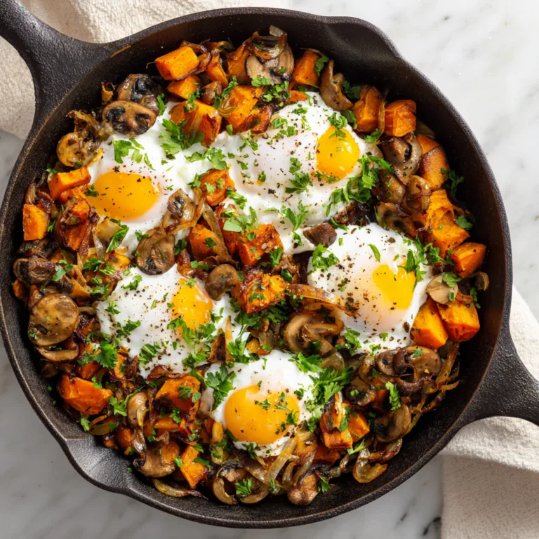 Sweet Potato Mushroom Hash with Poached Eggs: A Cozy Skillet Dinner Packed with Flavor