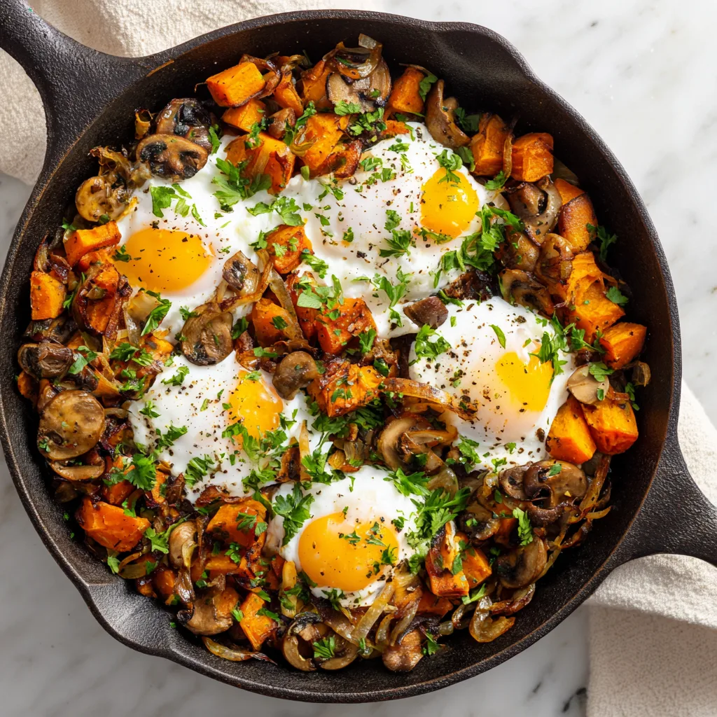Sweet Potato Mushroom Hash with Poached Eggs: A Cozy Skillet Dinner Packed with Flavor
