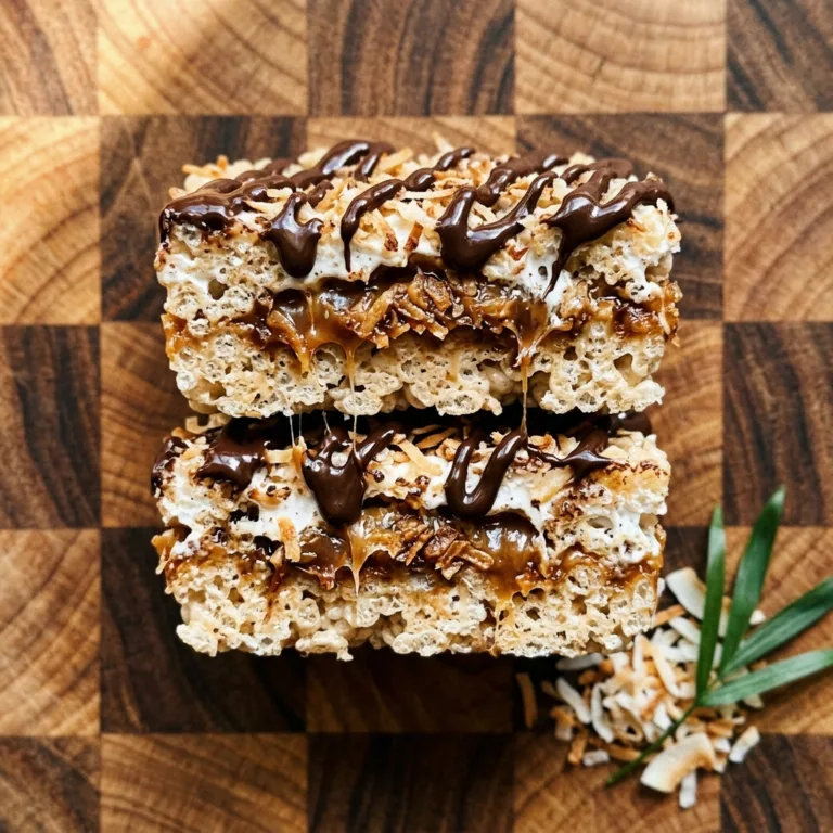 Samoa Rice Krispie Treats: Gooey Coconut Caramel Chocolate No-Bake Bars