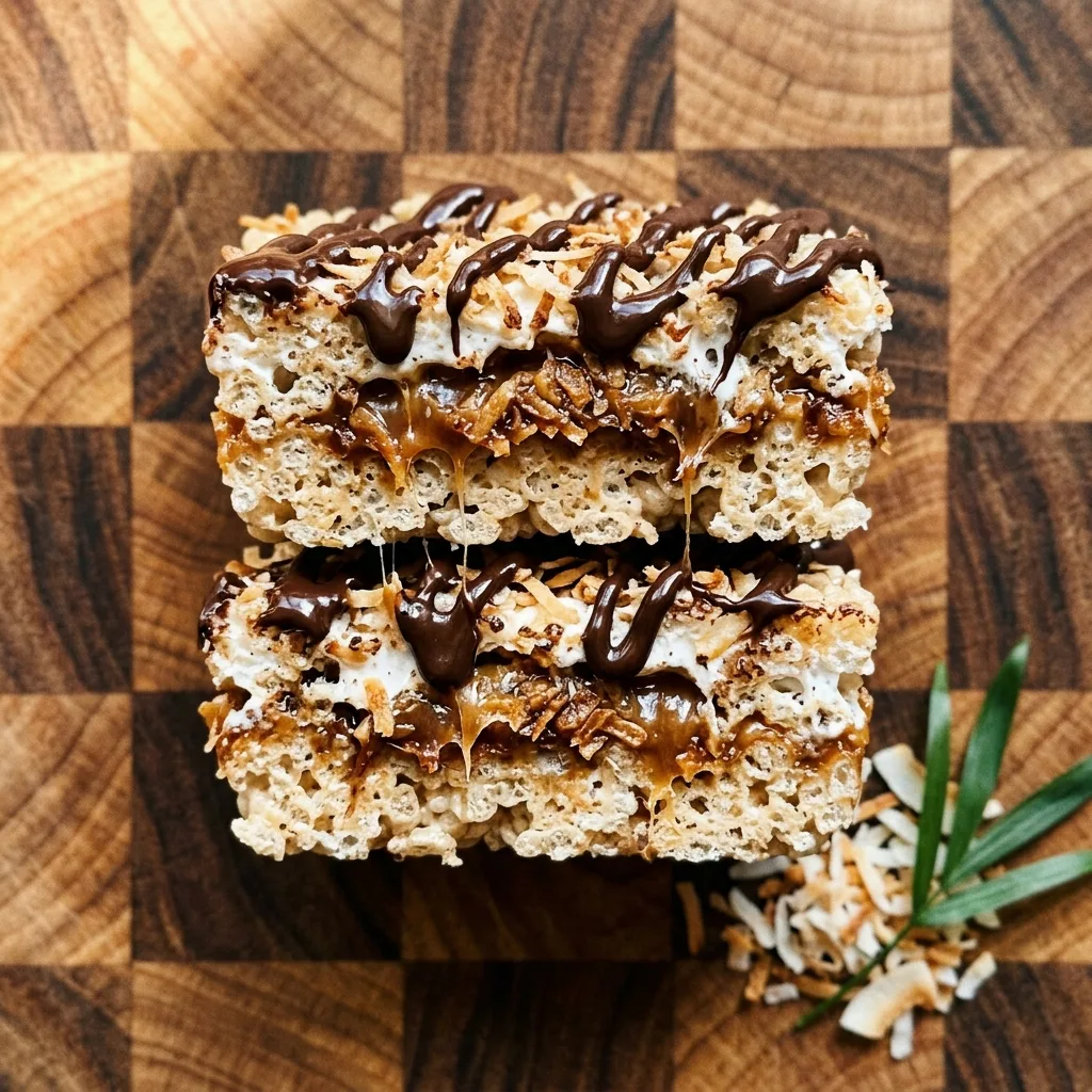 Samoa Rice Krispie Treats: Gooey Coconut Caramel Chocolate No-Bake Bars